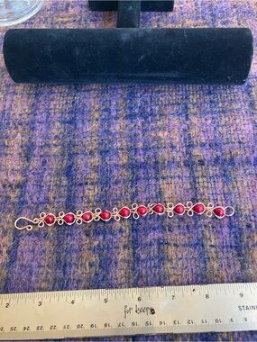 Vintage Upcycled Hand Crafted Red Bead Copper Linked Bracelet